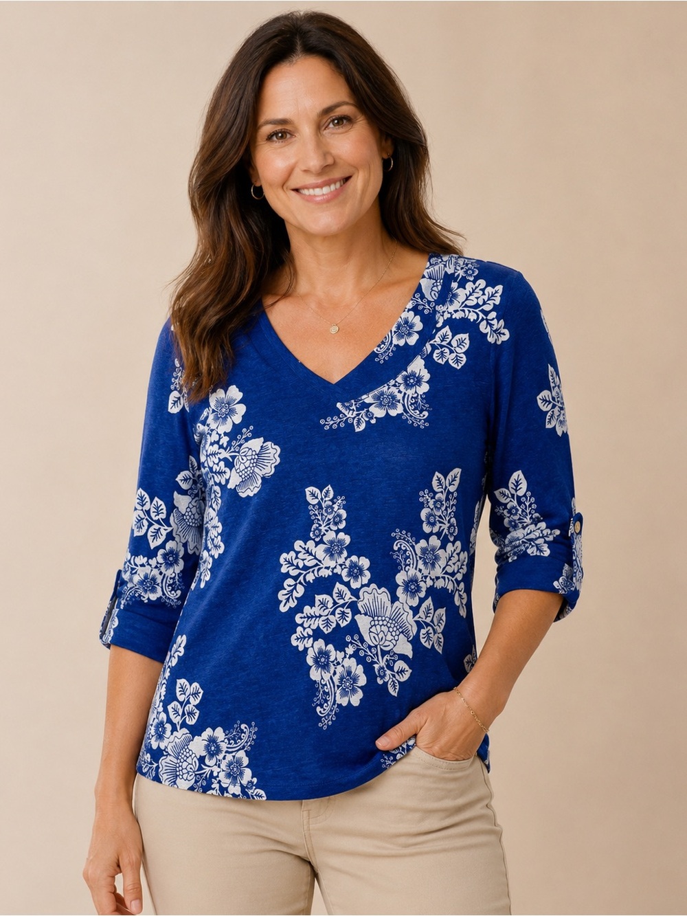 Chico's Linen Blue Floral V-Neck Roll-Tab Sweater Size 0 US S